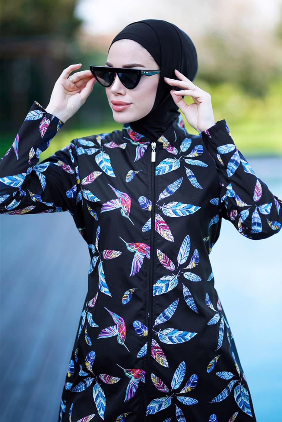 Vêtements hijab NOIR MAILLOT DE BAIN HIJAB IMPRIMÉ ZIPPÉ 2012