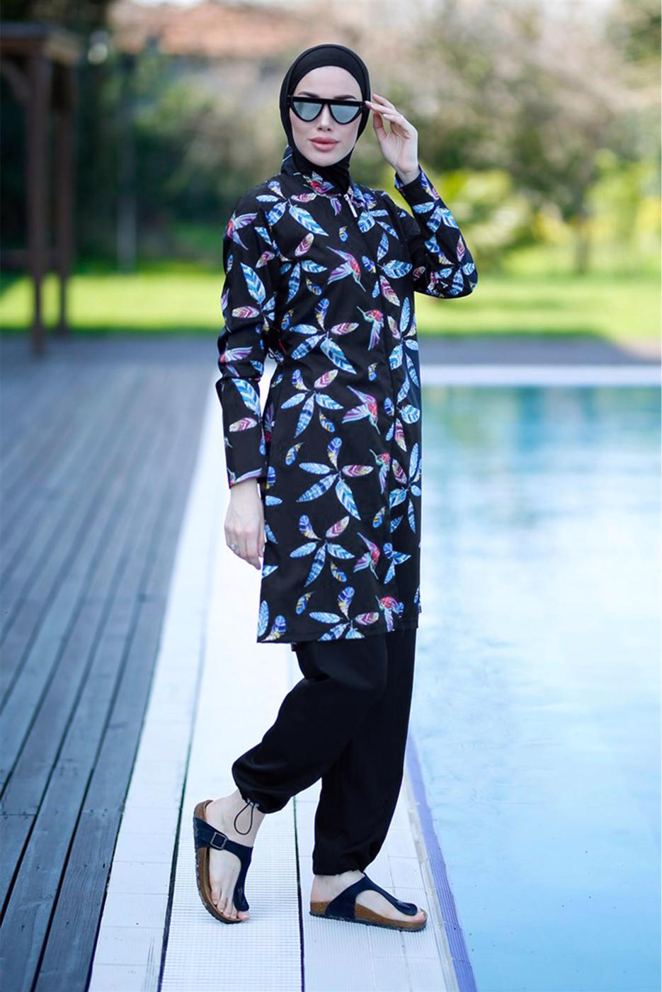 Vêtements hijab NOIR MAILLOT DE BAIN HIJAB IMPRIMÉ ZIPPÉ 2012