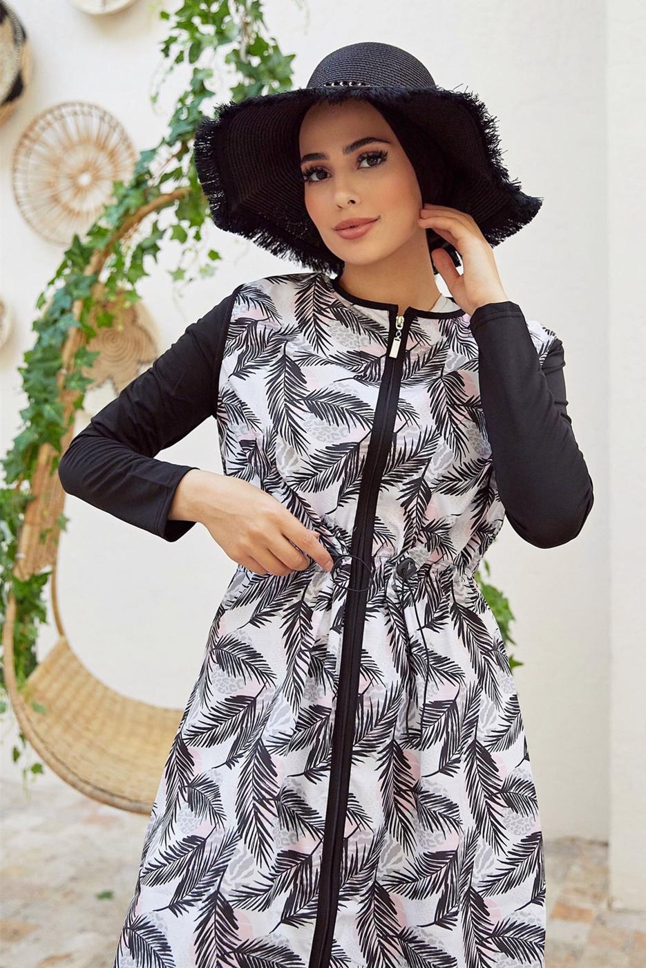 Vêtements hijab NOIR MAILLOT DE BAIN HIJAB ZIPPÉ IMPRIMÉ FEUILLE 2900
