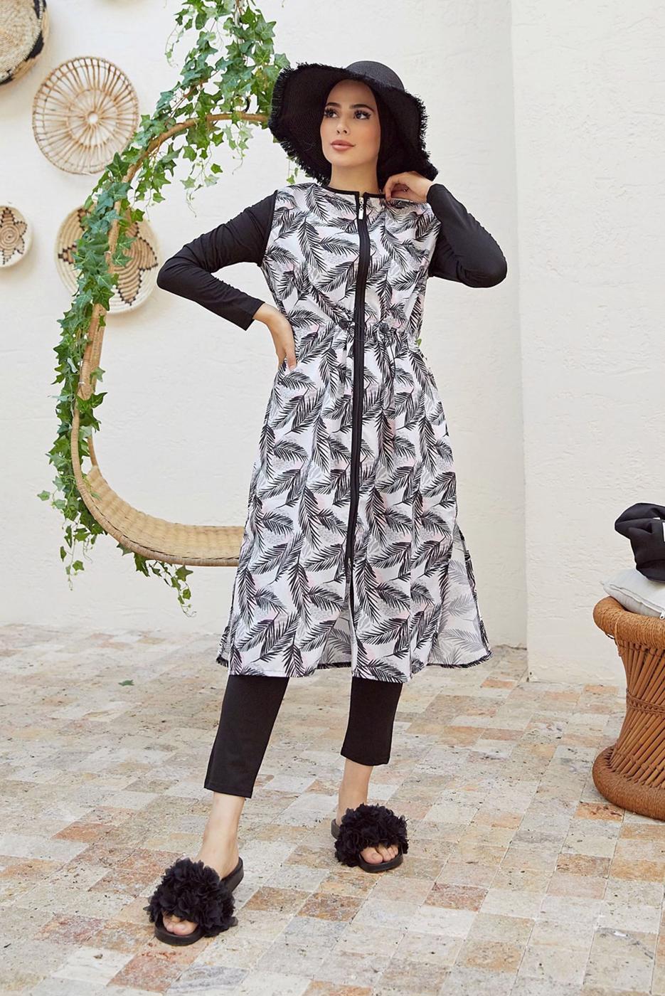 Vêtements hijab NOIR MAILLOT DE BAIN HIJAB ZIPPÉ IMPRIMÉ FEUILLE 2900