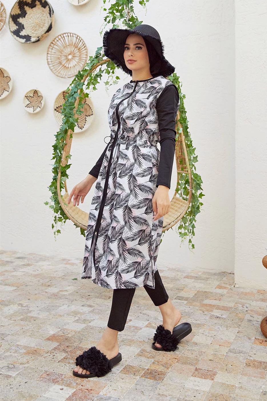 Vêtements hijab NOIR MAILLOT DE BAIN HIJAB ZIPPÉ IMPRIMÉ FEUILLE 2900