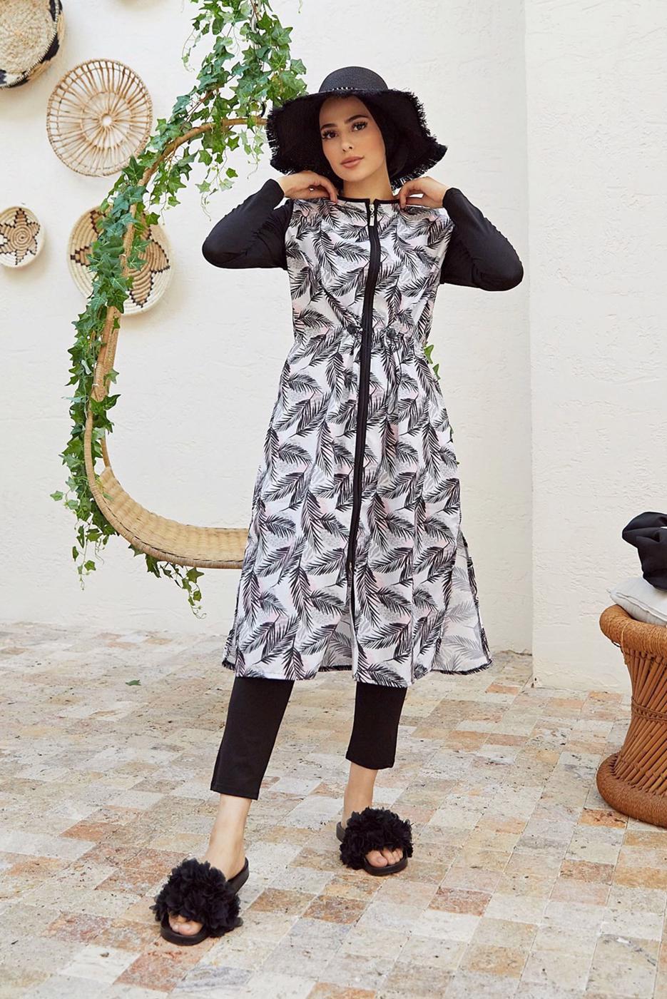 Vêtements hijab NOIR MAILLOT DE BAIN HIJAB ZIPPÉ IMPRIMÉ FEUILLE 2900