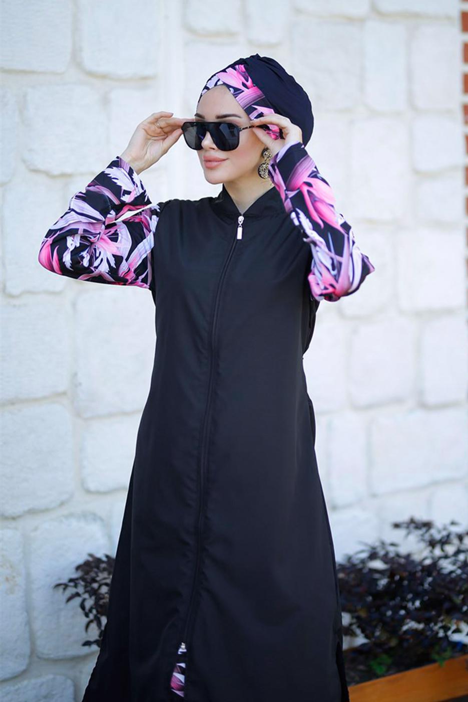 Vêtements hijab NOIR MAILLOT DE BAIN HIJAB IMPRIMÉ ZIPPÉ 4012