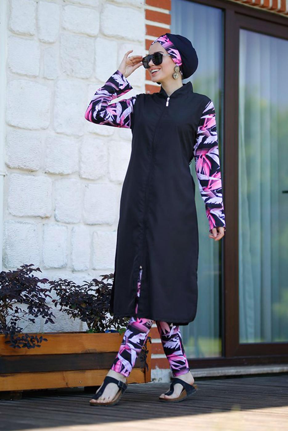Vêtements hijab NOIR MAILLOT DE BAIN HIJAB IMPRIMÉ ZIPPÉ 4012