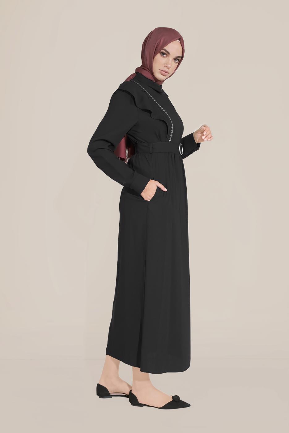 Tesettür giyim SİYAH ALVİNA KEMERLİ NAKIŞLI JİLE T 40757