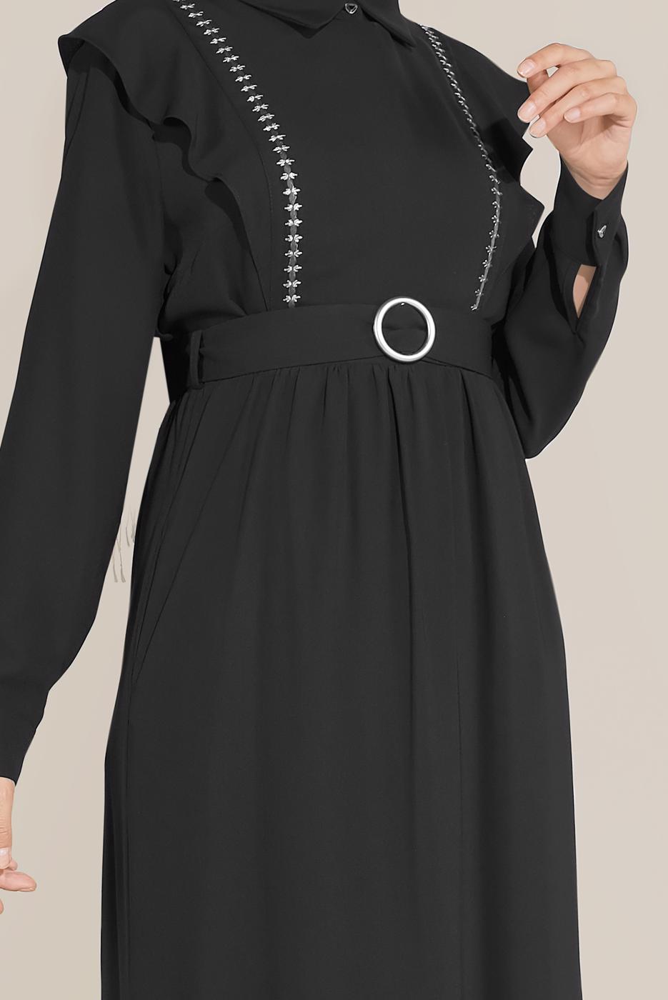 Tesettür giyim SİYAH ALVİNA KEMERLİ NAKIŞLI JİLE T 40757