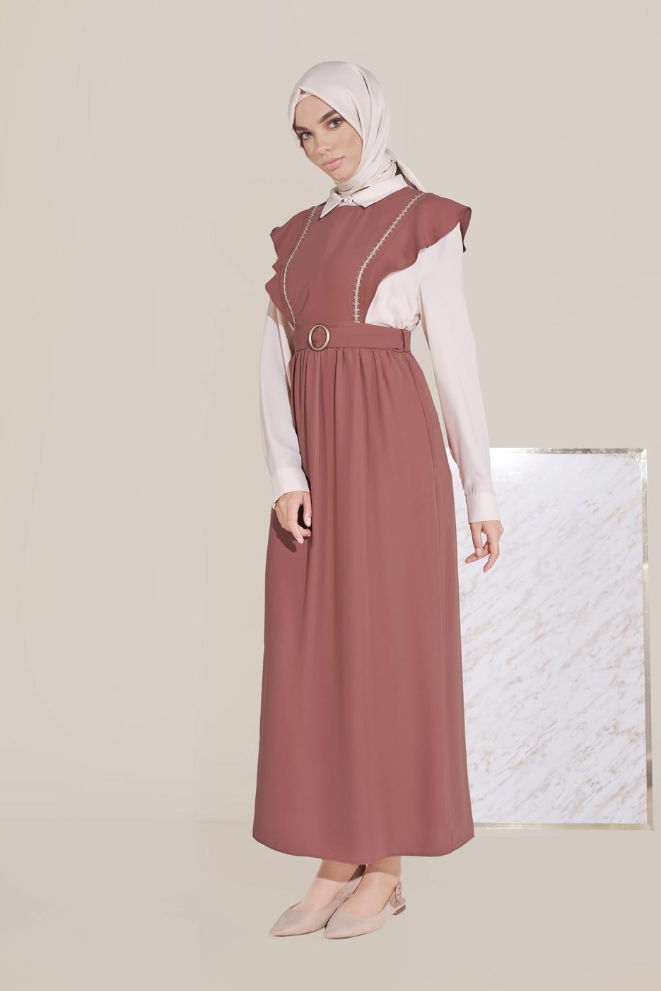 Tesettür giyim KAHVE ALVİNA KEMERLİ NAKIŞLI JİLE T 40757