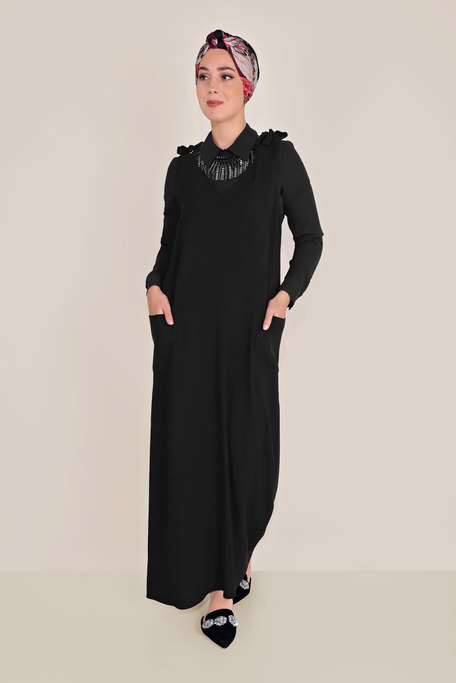 Tesettür giyim SİYAH ALVİNA BAĞLAMA DETAYLI JİLE 40758 