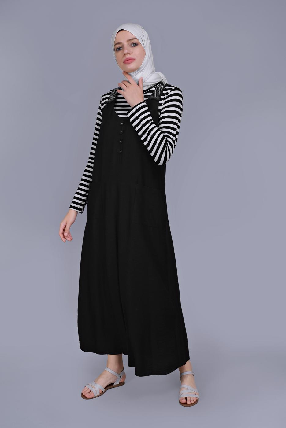 Tesettür giyim SİYAH ALVİNA PÜSKÜL DETAYLI CEPLİ JİLE 40781 