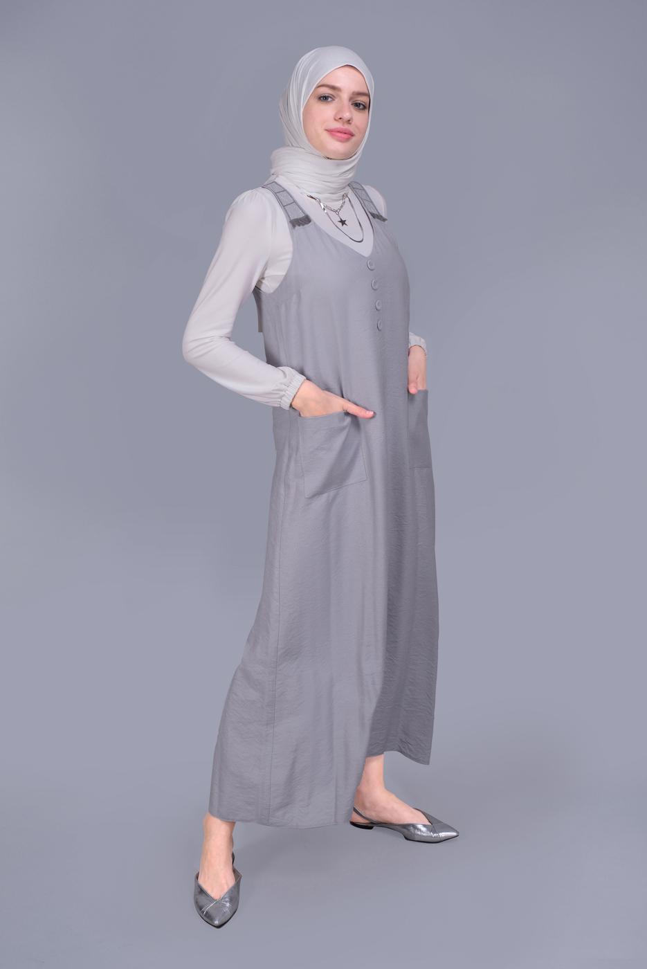 Tesettür giyim GRİ ALVİNA PÜSKÜL DETAYLI CEPLİ JİLE 40781 