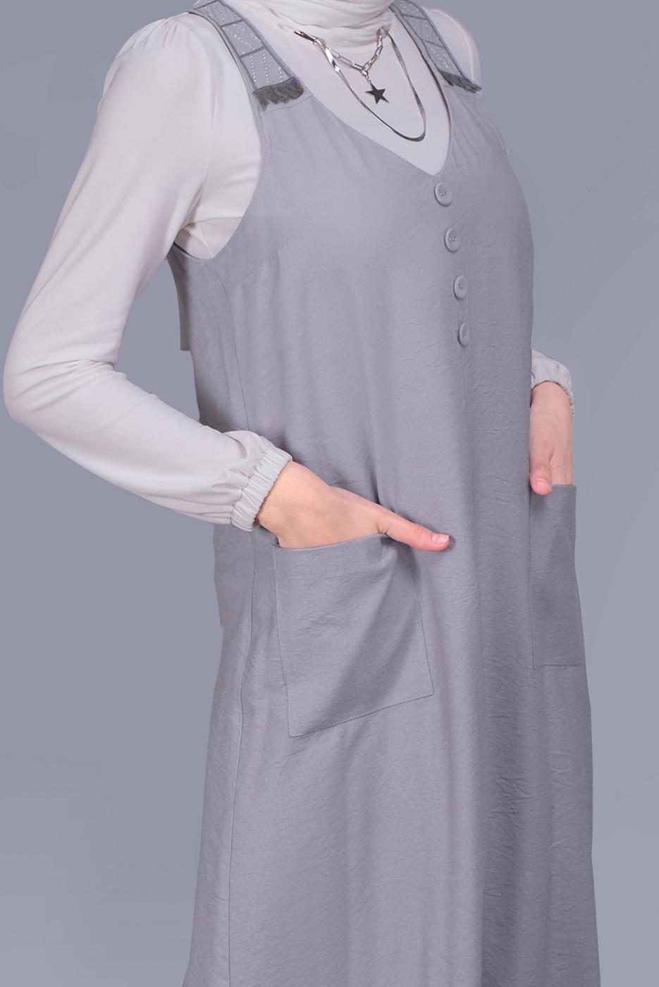 Tesettür giyim GRİ ALVİNA PÜSKÜL DETAYLI CEPLİ JİLE 40781 