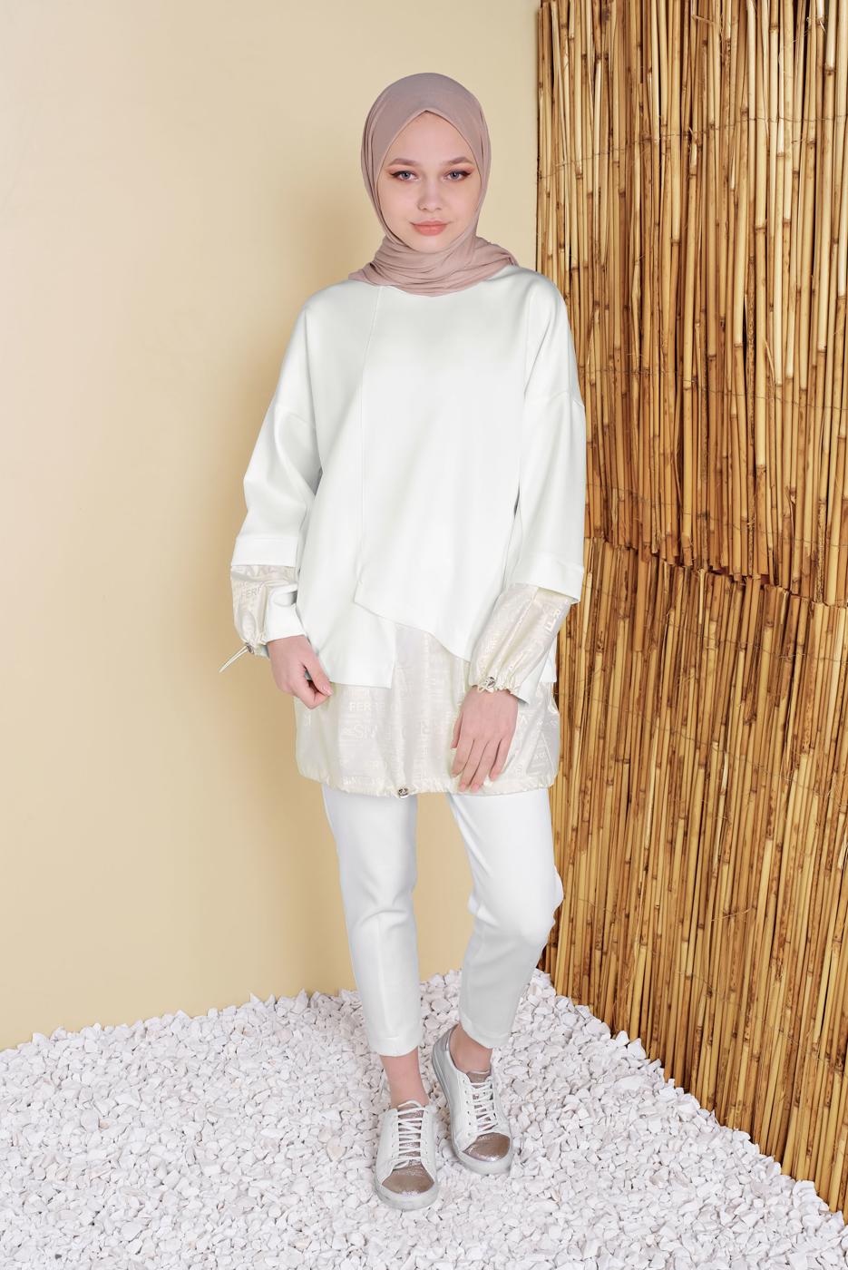 Tesettür giyim BEYAZ BEL KISMI LASTİKLİ CEPLİ PANTOLON 29402