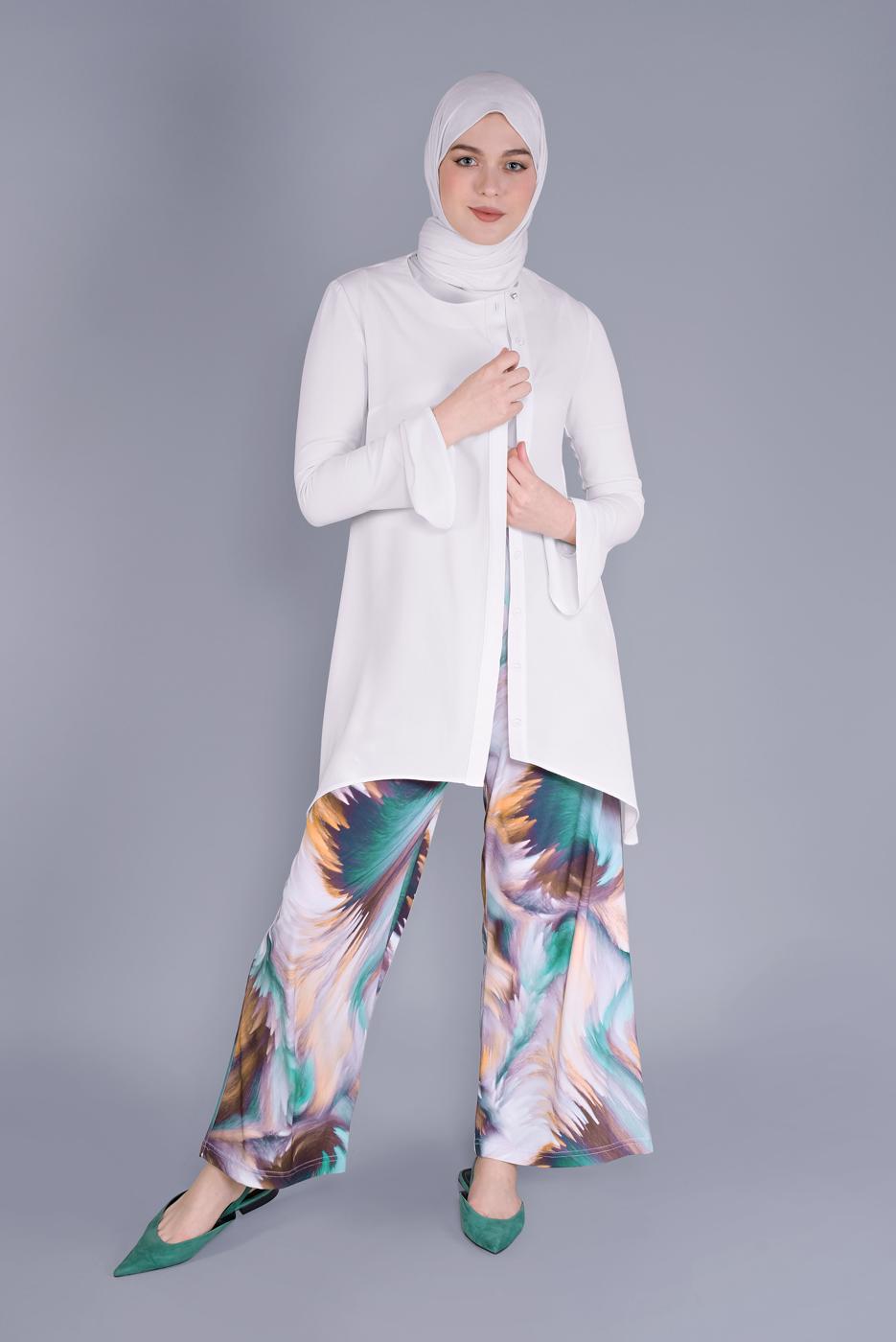 Tesettür giyim YEŞİL PAMUKLU DESENLİ PANTOLON  26112 