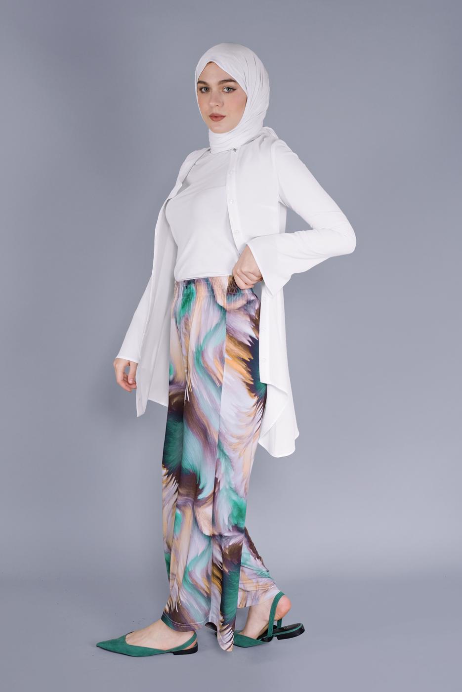 Tesettür giyim YEŞİL PAMUKLU DESENLİ PANTOLON  26112 