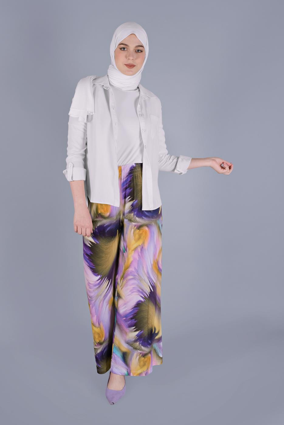 Tesettür giyim MOR PAMUKLU DESENLİ PANTOLON  26112 