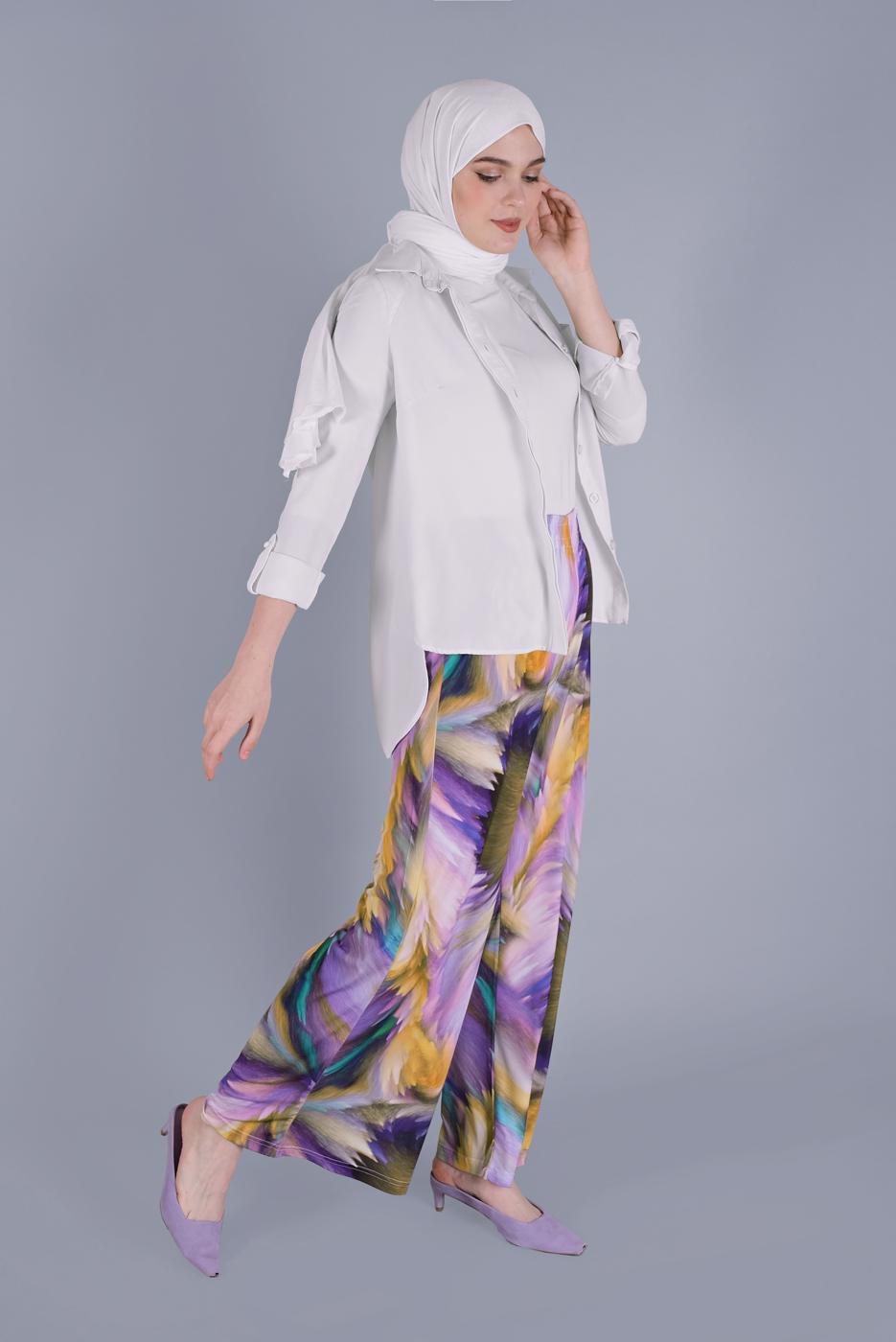 Tesettür giyim MOR PAMUKLU DESENLİ PANTOLON  26112 