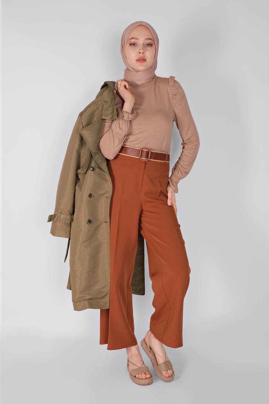 Tesettür giyim KAHVE ALVİNA GENİŞ PAÇA PANTOLON 7598 