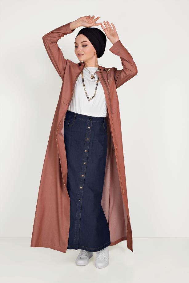 Hijab clothing BROWN HOODED ZIPPERED SPORTS TOPCOAT 10158   - TRENDTESETTÜR