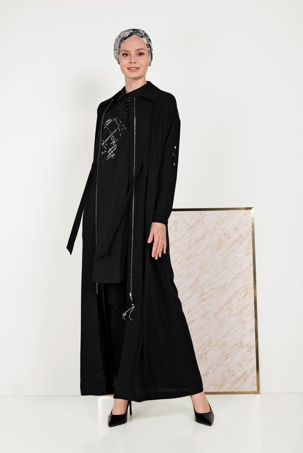 Hijab clothing BLACK  ALVİNA ZIPPERED TOPCOAT 10164  - TRENDTESETTÜR