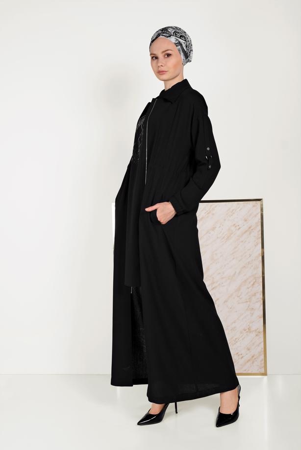 Hijab clothing BLACK  ALVİNA ZIPPERED TOPCOAT 10164  - TRENDTESETTÜR