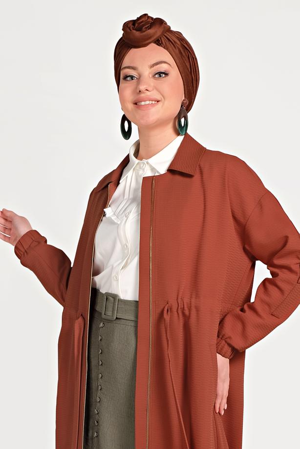 Hijab clothing BROWN  ALVİNA ZIPPERED TOPCOAT 10164  - TRENDTESETTÜR