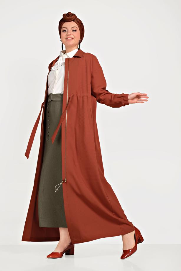 Hijab clothing BROWN  ALVİNA ZIPPERED TOPCOAT 10164  - TRENDTESETTÜR