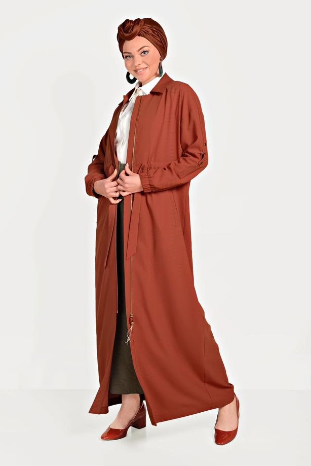 Hijab clothing BROWN  ALVİNA ZIPPERED TOPCOAT 10164  - TRENDTESETTÜR