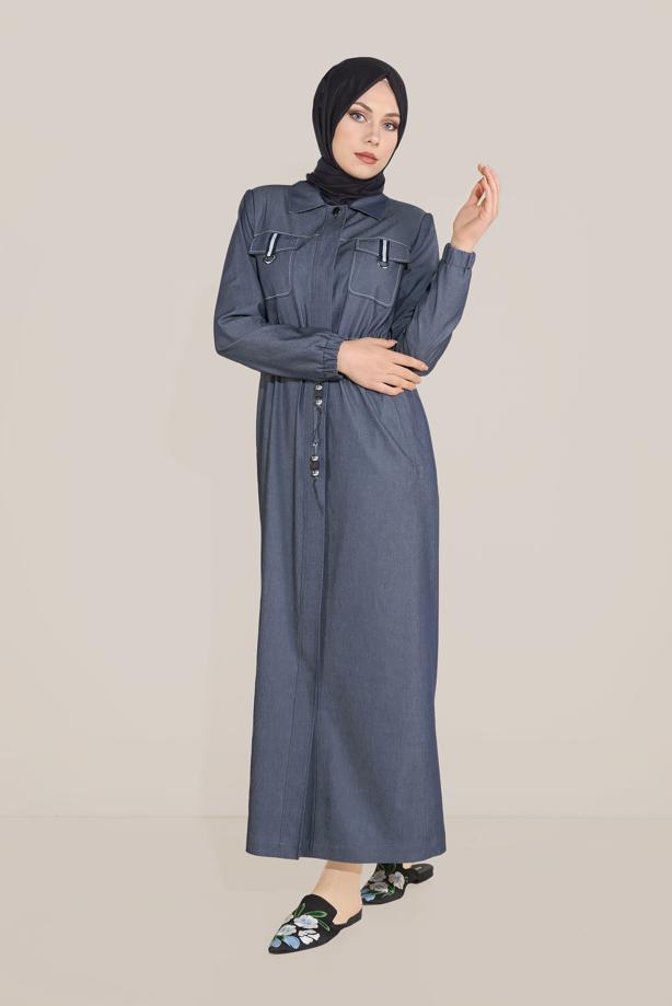 Hijab clothing NAVY BLUE TIE DETAIL TOPCOAT WITH POCKET 10166  - TRENDTESETTÜR
