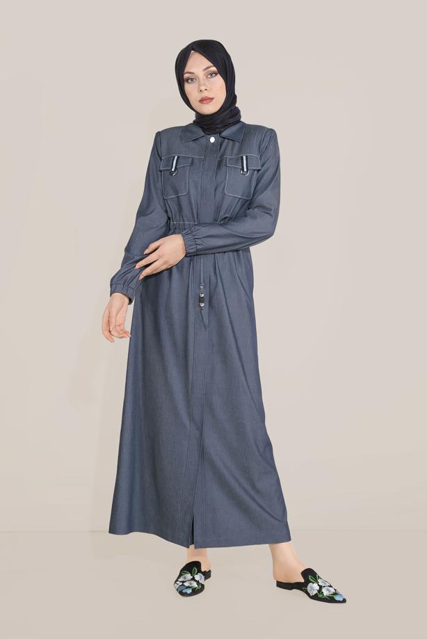 Hijab clothing NAVY BLUE TIE DETAIL TOPCOAT WITH POCKET 10166  - TRENDTESETTÜR