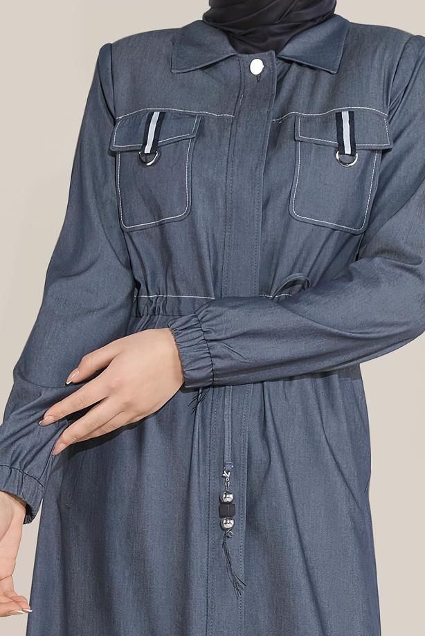 Hijab clothing NAVY BLUE TIE DETAIL TOPCOAT WITH POCKET 10166  - TRENDTESETTÜR