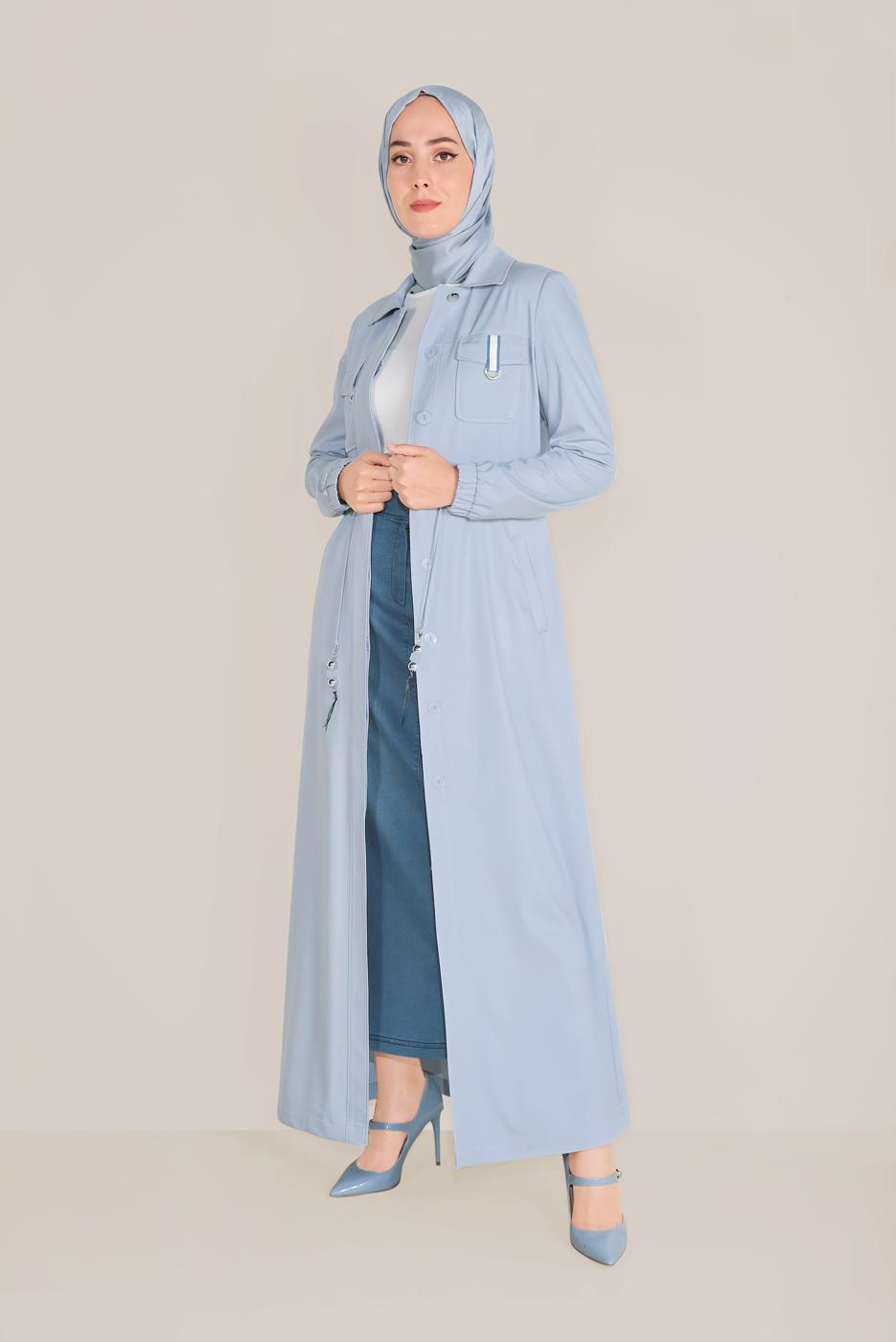 Tesettür giyim MAVİ ALVİNA BELDEN BAĞCIKLI CEPLİ PARDESÜ 10166