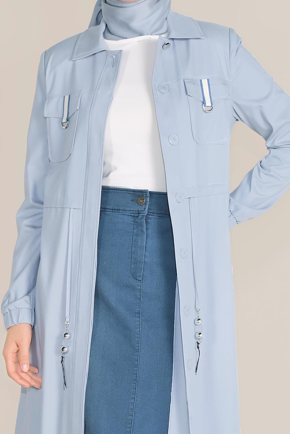 Tesettür giyim MAVİ ALVİNA BELDEN BAĞCIKLI CEPLİ PARDESÜ 10166