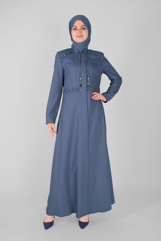 Hijab clothing NAVY BLUE EMBROIDERED TOPCOAT 10211  - TRENDTESETTÜR