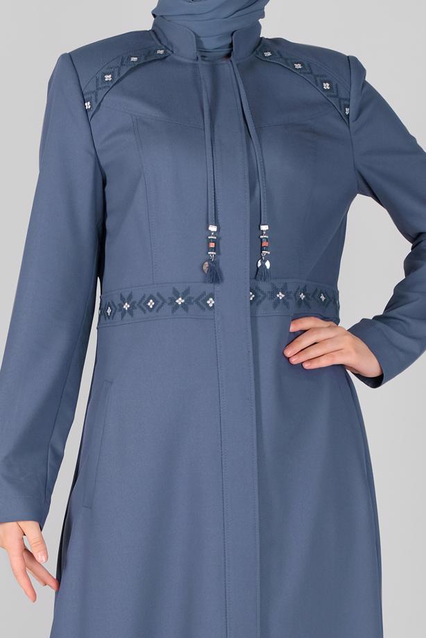 Hijab clothing NAVY BLUE EMBROIDERED TOPCOAT 10211  - TRENDTESETTÜR
