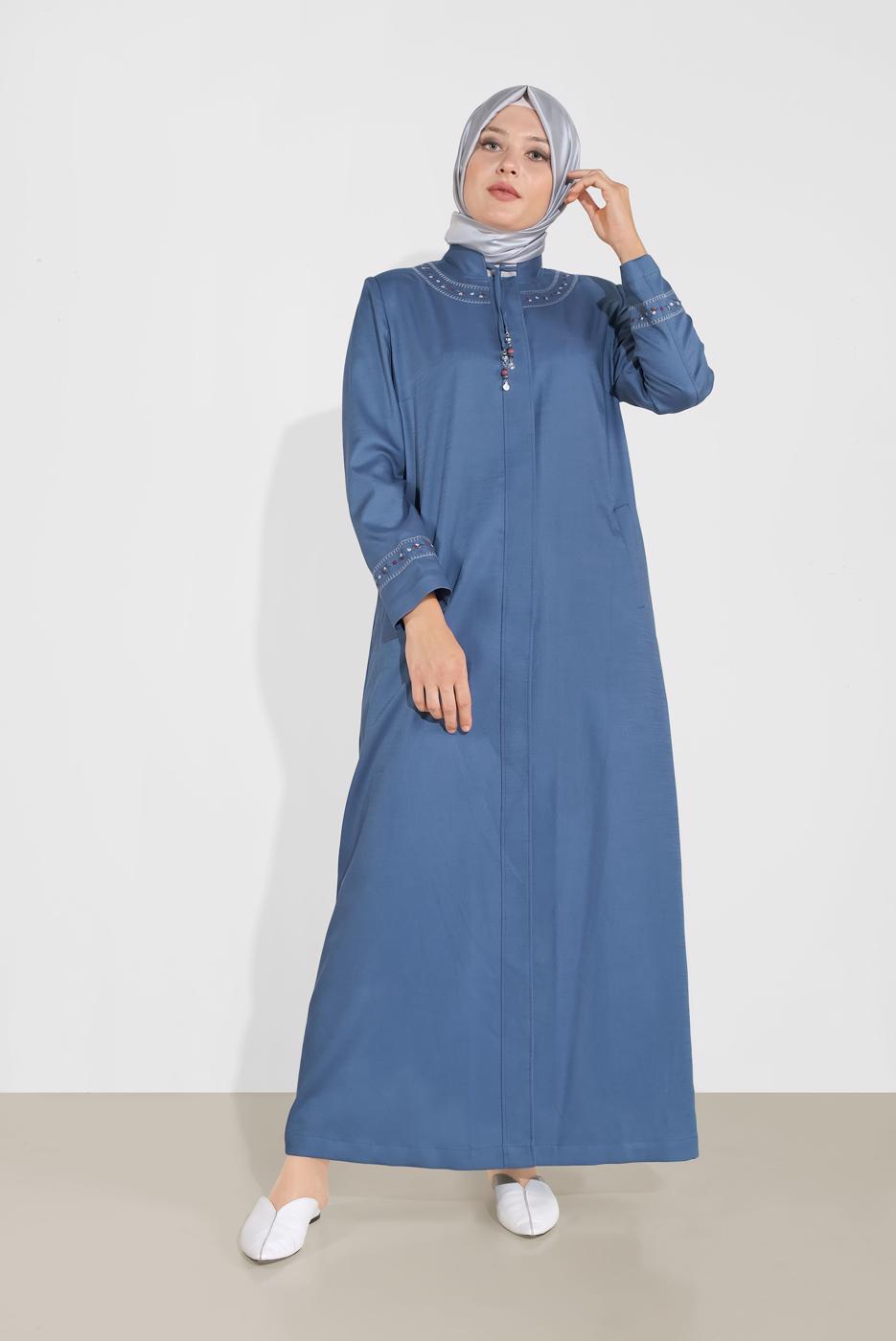 Hijab clothing NAVY BLUE TIE DETAIL EMBROIDERED TOPCOAT 10213 