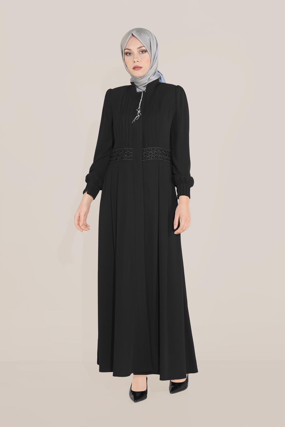 Hijab clothing BLACK EMBROIDERED TOPCOAT WITH ELASTIC CUFFS 10215 