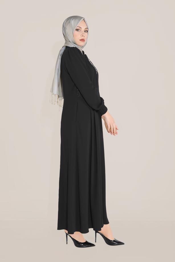 Hijab clothing BLACK EMBROIDERED TOPCOAT WITH ELASTIC CUFFS 10215  - TRENDTESETTÜR