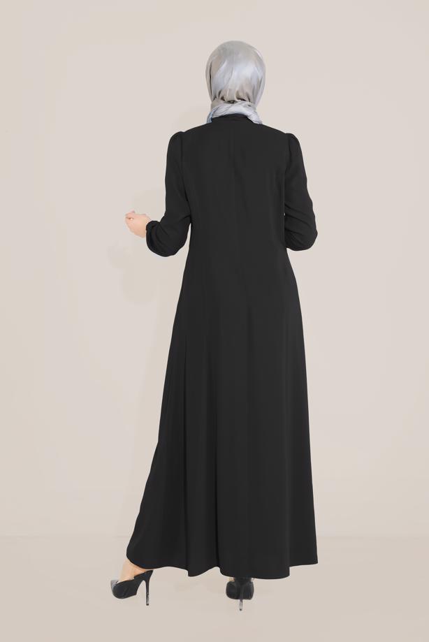 Hijab clothing BLACK EMBROIDERED TOPCOAT WITH ELASTIC CUFFS 10215  - TRENDTESETTÜR