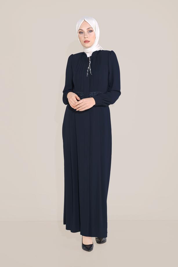 Hijab clothing NAVY BLUE EMBROIDERED TOPCOAT WITH ELASTIC CUFFS 10215  - TRENDTESETTÜR