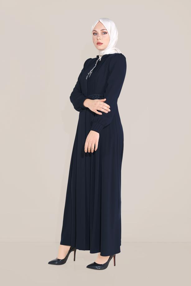 Hijab clothing NAVY BLUE EMBROIDERED TOPCOAT WITH ELASTIC CUFFS 10215  - TRENDTESETTÜR