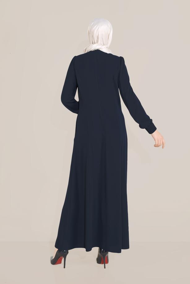 Hijab clothing NAVY BLUE EMBROIDERED TOPCOAT WITH ELASTIC CUFFS 10215  - TRENDTESETTÜR
