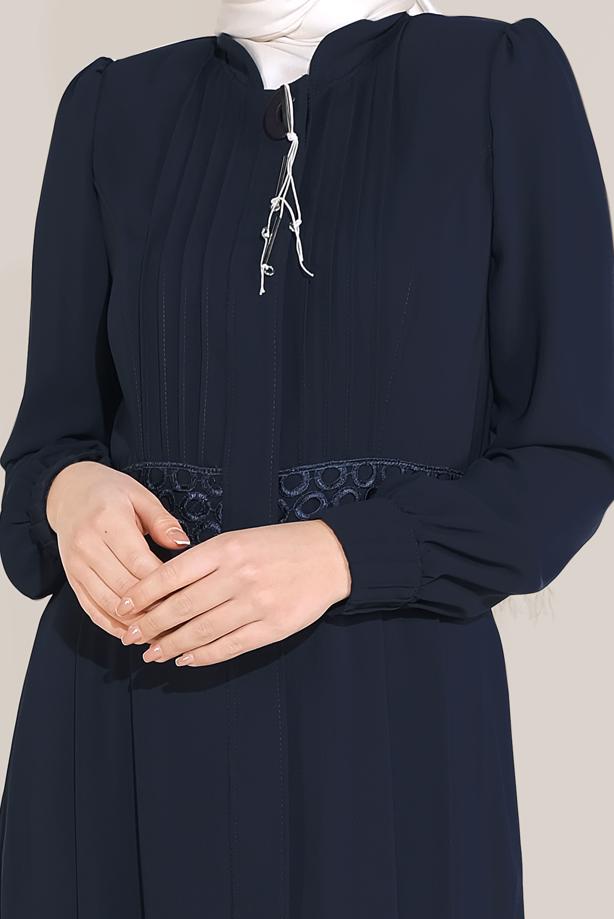 Hijab clothing NAVY BLUE EMBROIDERED TOPCOAT WITH ELASTIC CUFFS 10215  - TRENDTESETTÜR