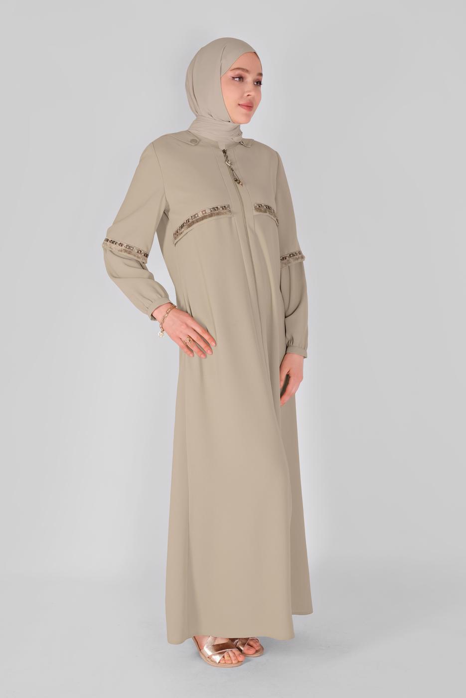 Hijab clothing BEIGE ALVINA FRINGE AND EMBROIDERY DETAIL TOPCOAT T 10350