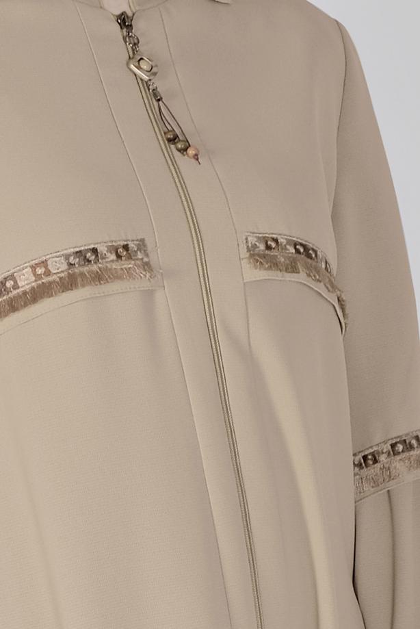 Hijab clothing BEIGE ALVINA FRINGE AND EMBROIDERY DETAIL TOPCOAT T 10350 - TRENDTESETTÜR