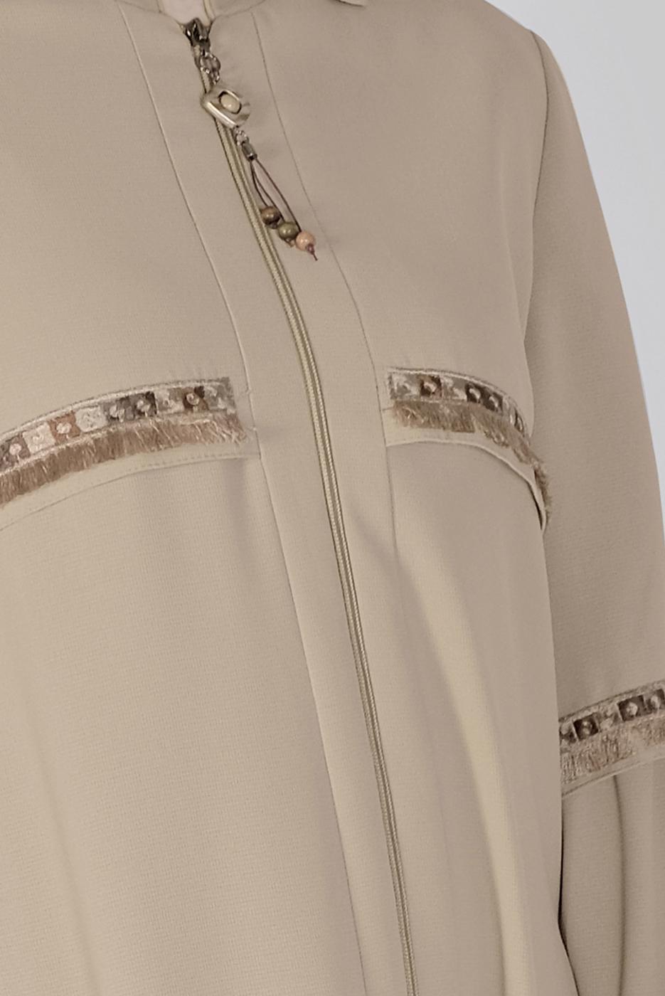 Hijab clothing BEIGE ALVINA FRINGE AND EMBROIDERY DETAIL TOPCOAT T 10350