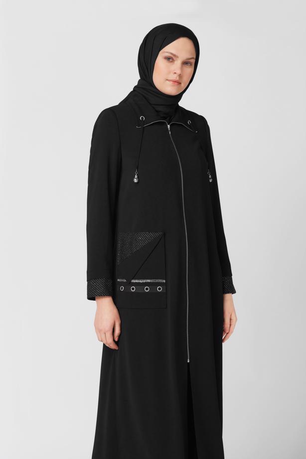 Hijab clothing BLACK ALVINA TOPCOAT WITH EYELET DETAIL T 10398 - TRENDTESETTÜR