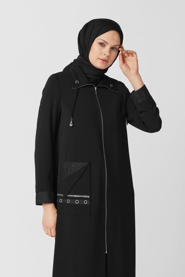 Hijab clothing BLACK ALVINA TOPCOAT WITH EYELET DETAIL T 10398 - TRENDTESETTÜR
