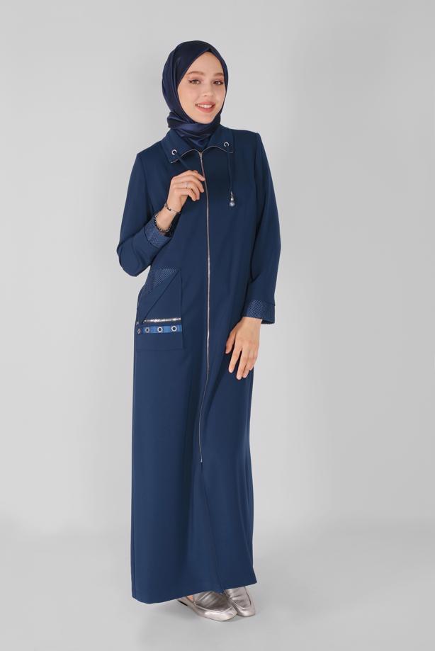 Hijab clothing NAVY BLUE ALVINA TOPCOAT WITH EYELET DETAIL T 10398 - TRENDTESETTÜR