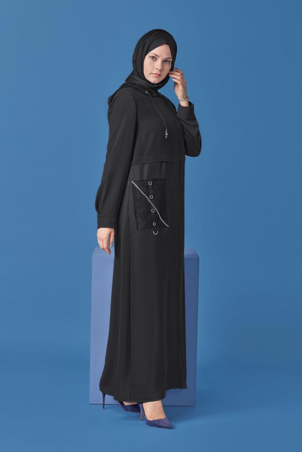 Hijab clothing BLACK ALVINA TOPCOAT WITH STRIPE ACCESSORY T 10399 - TRENDTESETTÜR