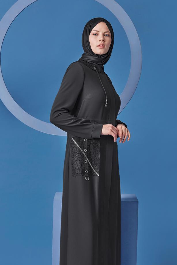 Hijab clothing BLACK ALVINA TOPCOAT WITH STRIPE ACCESSORY T 10399 - TRENDTESETTÜR